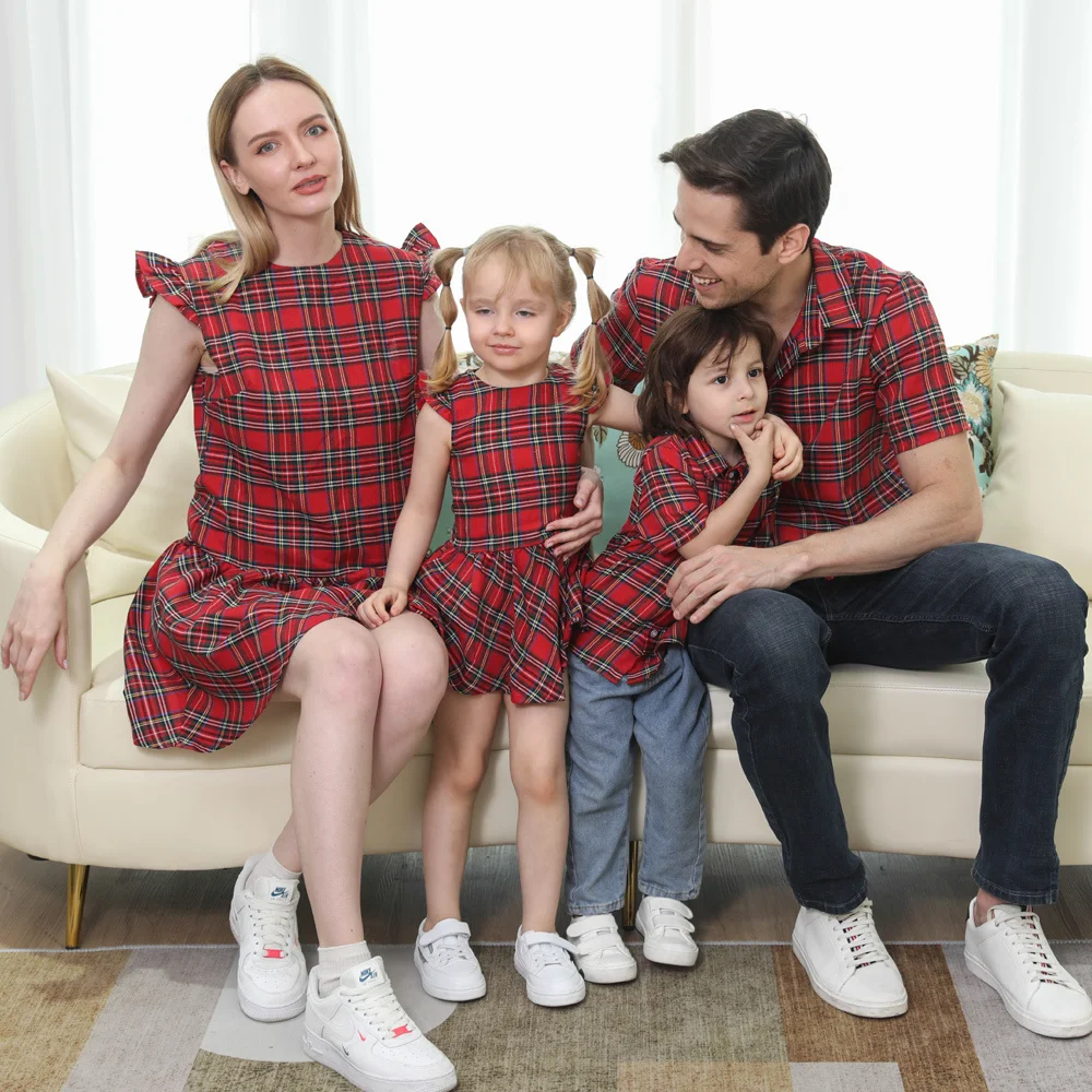 

Family Matching Outfits Mother Kids Plaid Print Matching Suits For Couples Short Sleeve Shirt And Dress Family Members Look