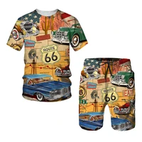 mens summer t shirt shorts set route 66 pattern tracksuit casual outfit vintage suit outdoor clothing male fashion streetwear