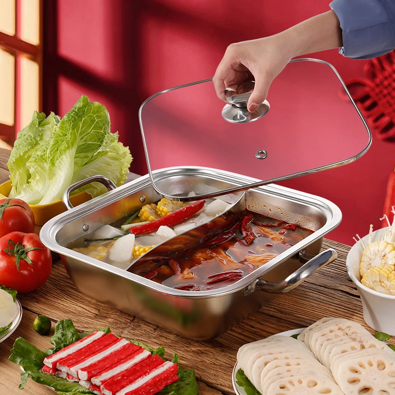 

Овощной разделенный горячий горшок, утолщенный рамен из нержавеющей стали с древесным углем, китайский горячий горшок, лапша, Большая квадратная посуда для фондю