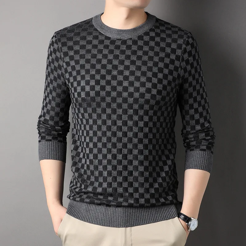 

Осень 2023, повседневные клетчатые пуловеры, свитер, мужской зимний теплый пуловер с длинным рукавом и круглым вырезом, облегающий деловой вязаный свитер для мужчин