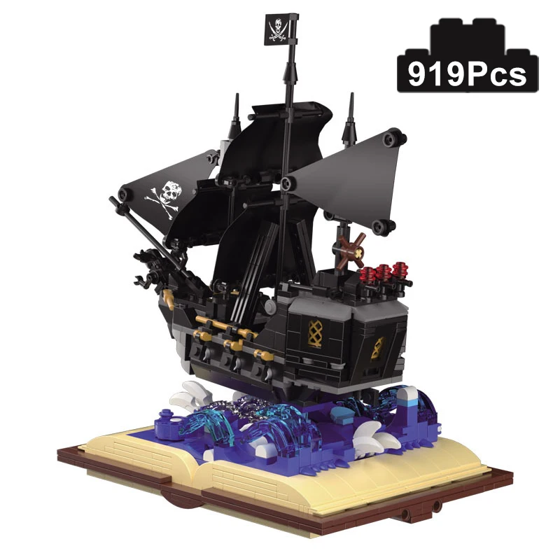 Creative 919Pcs Magic Book Pearl Pirates Adyenture Ship Model Building Blocks Grimoire Boat Decoration Bricks Toys For Kids Gift