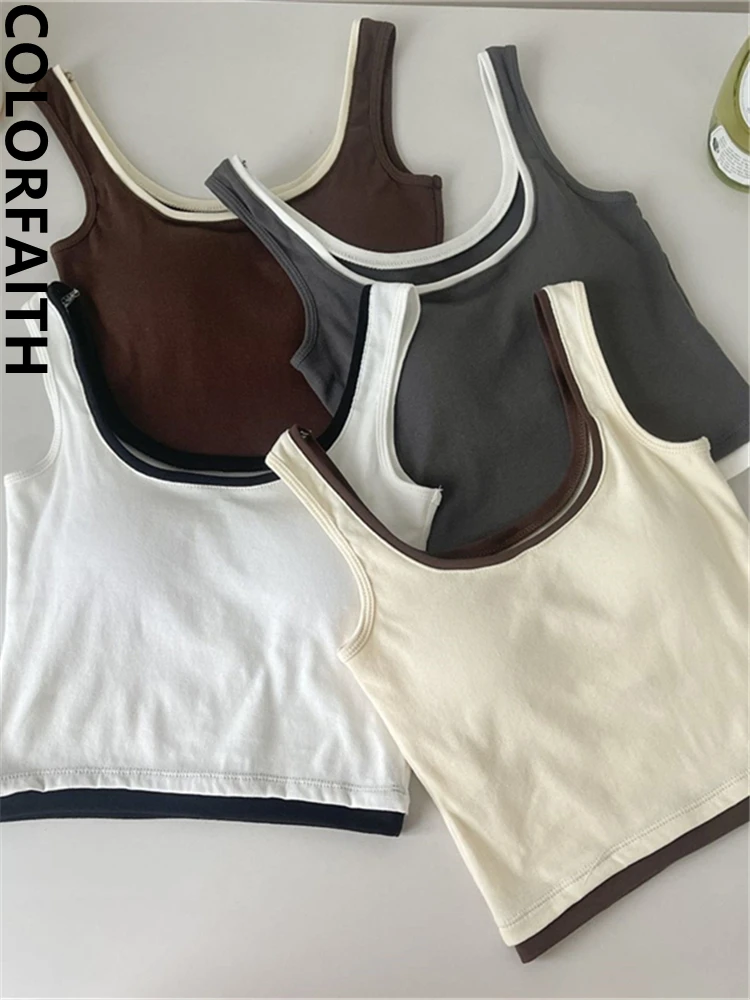 

Colorfaith V5302JM New 2023 Bottoming Cotton Bra Padding Elasticity Vests Patchwork Women Summer Tank & Camis Crop Short Tops
