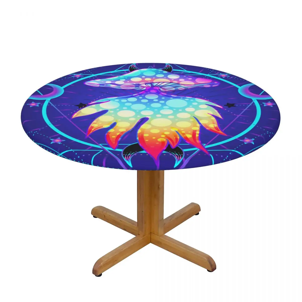 

Fitted Round Tablecloth Protector Soft Table Cover Magic Mushrooms Over Sacred Geometry Anti-Scald Plate Kitchen Tablemat