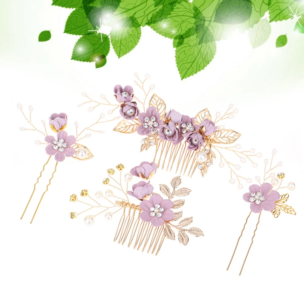 

4pcs Wedding Flower Hair and Comb Set Rhinestone Pear Hair Fork Floral Hair Piece Hair Accessories For Bridal Wedding Party (