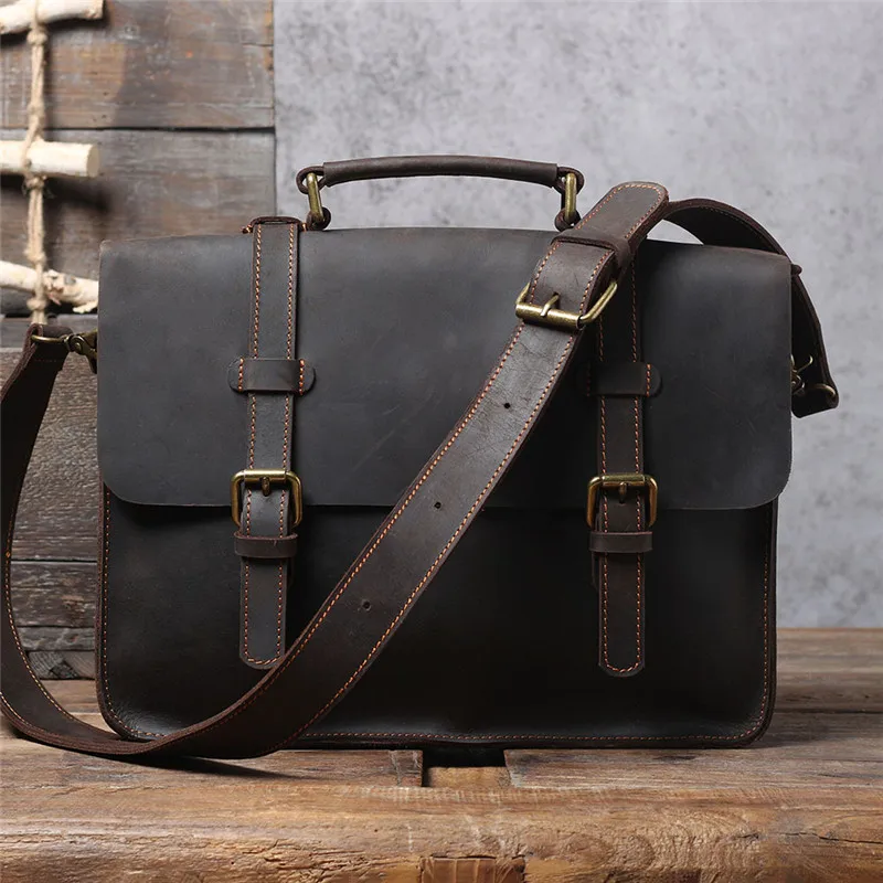 Business vintage genuine leather men's multifunctional briefcase handbag natural crazy horse cowhide work laptop messenger bag
