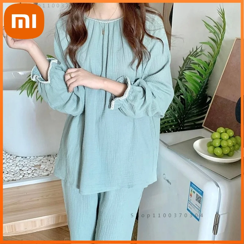 

Хлопковая женская пижама Xiaomi, Корейская одежда для сна, женская одежда для сна, осенняя пижама с длинным рукавом, пижама, домашний костюм, но...
