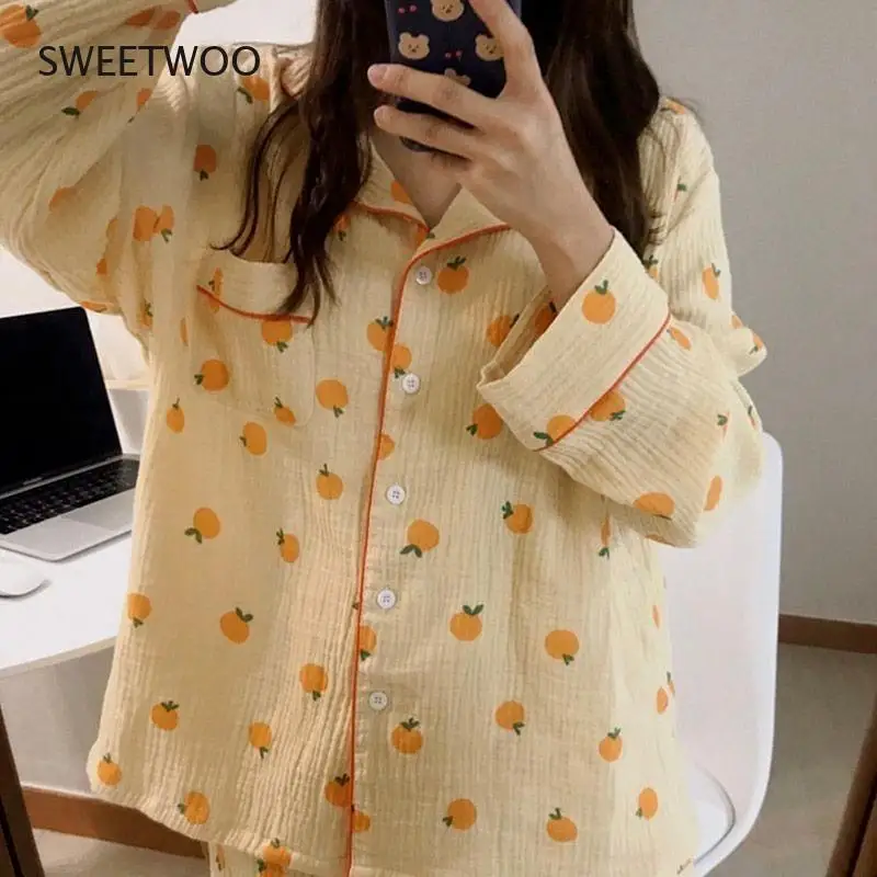 Cotton Home Suit Korean Sleepwear Orange Print Pajamas Women Autumn Pijama Pyjamas Long Short Sleeve 2 Piece Set Nightwear