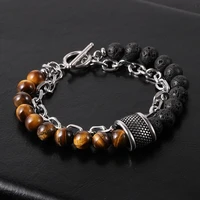 hippie double natural stone lava rock stainless steel bracelets for women men 8mm turquoise tiger beads moonstone jewelry 2022