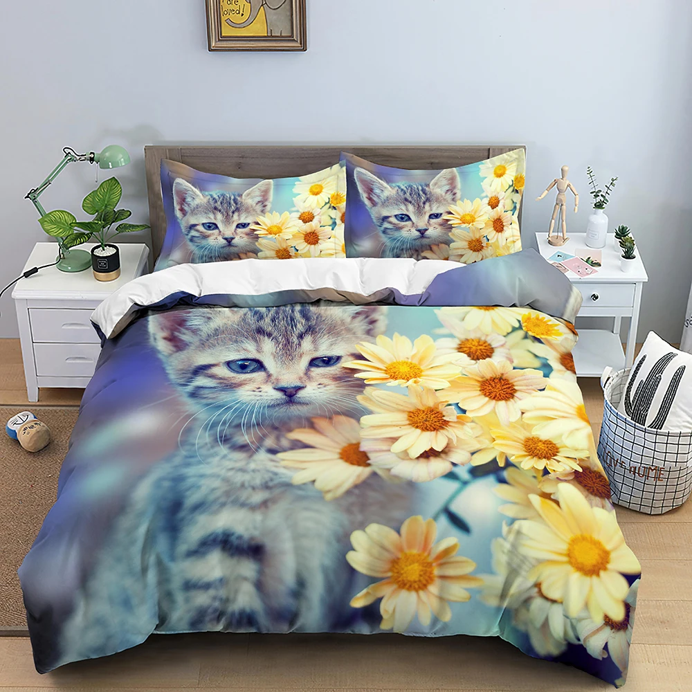 

2022 New Animal Bedding Set Luxury 3d Cat Floral Print Duvet Cover 2/3pcs Queen/King 220x240 Size Quilt Cover Adult Bedroom Gift