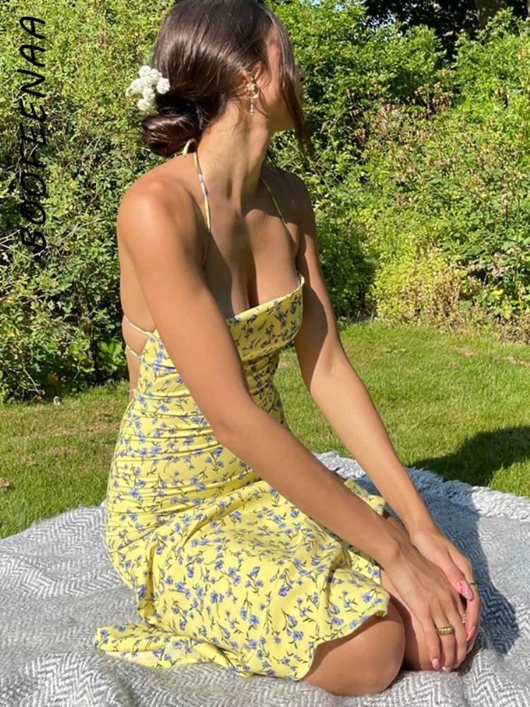 

BOOFEENAA, желтое Цветочное платье, хлопчатобумажные наряды для отпуска для женщин, летние 2022 сексуальные длинные платья с открытой спиной и лям...