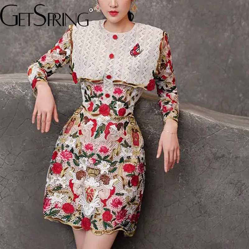 

GetSpring Women Dress 2022 Autumn Vintage Flower Embroidered Patchwork Full Sleeve High Waist Wrap Hip Slim Thin Mini Dresses