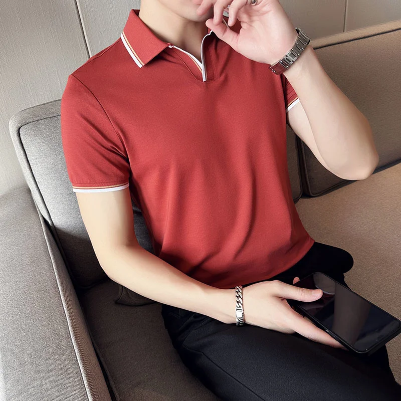

2023 Summer New Style Men's Casual Slim Fit Short Sleeve Solid Color POLO Shirt British Slim Lapel Color Blue T-shirt Polo S-4XL