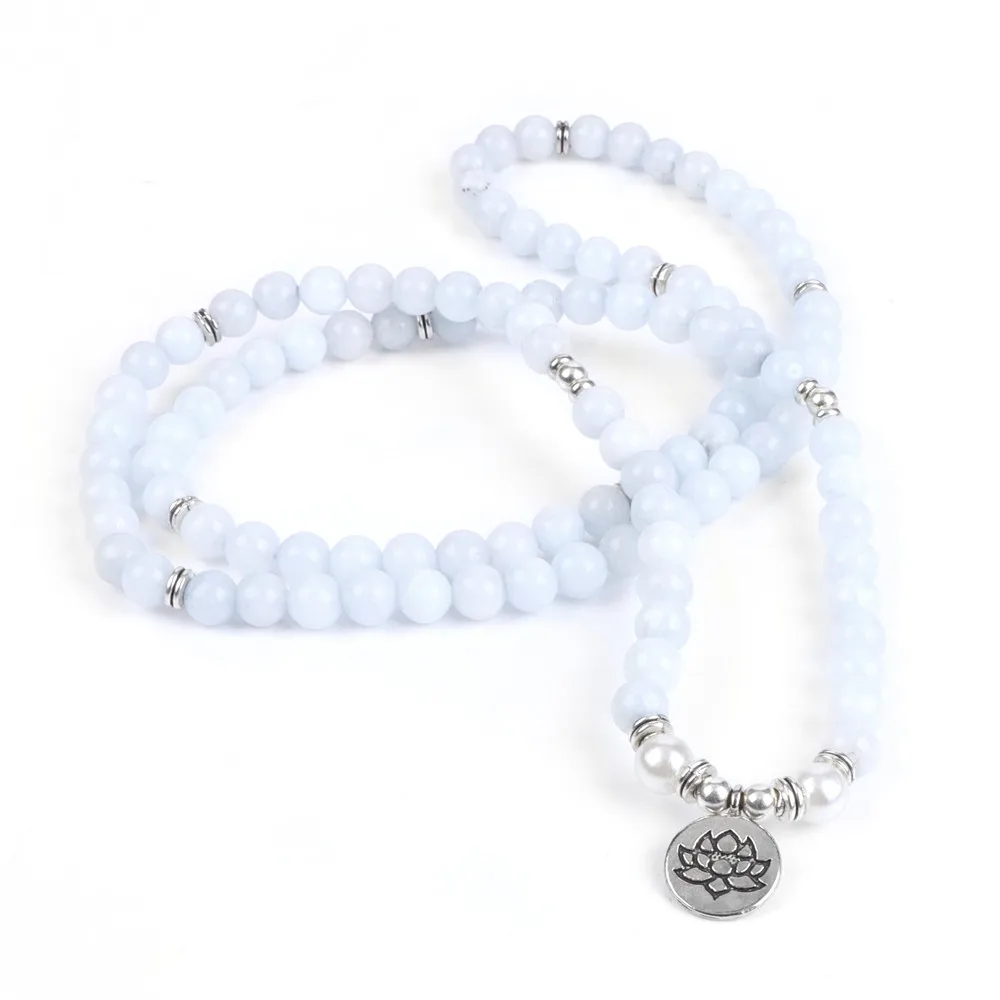 

Women Bracelet Natural Stone Bracelet Beads Aquamarin with Lotus Charm Yoga Bracelet 108 Mala Necklace for Men Women