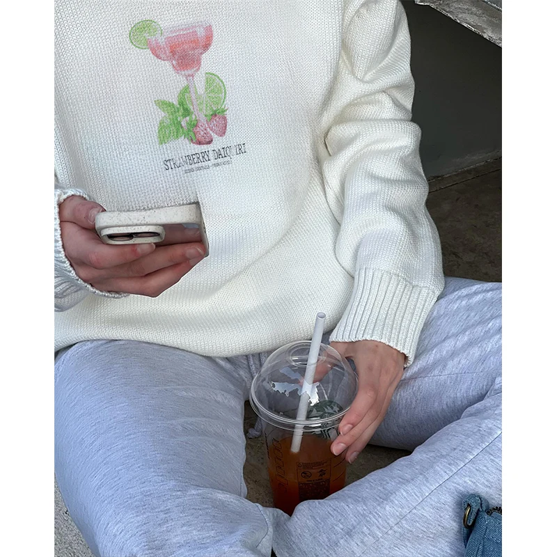 Осень-зима 2023 женский пуловер с принтом клубники свитера свободный вязаный