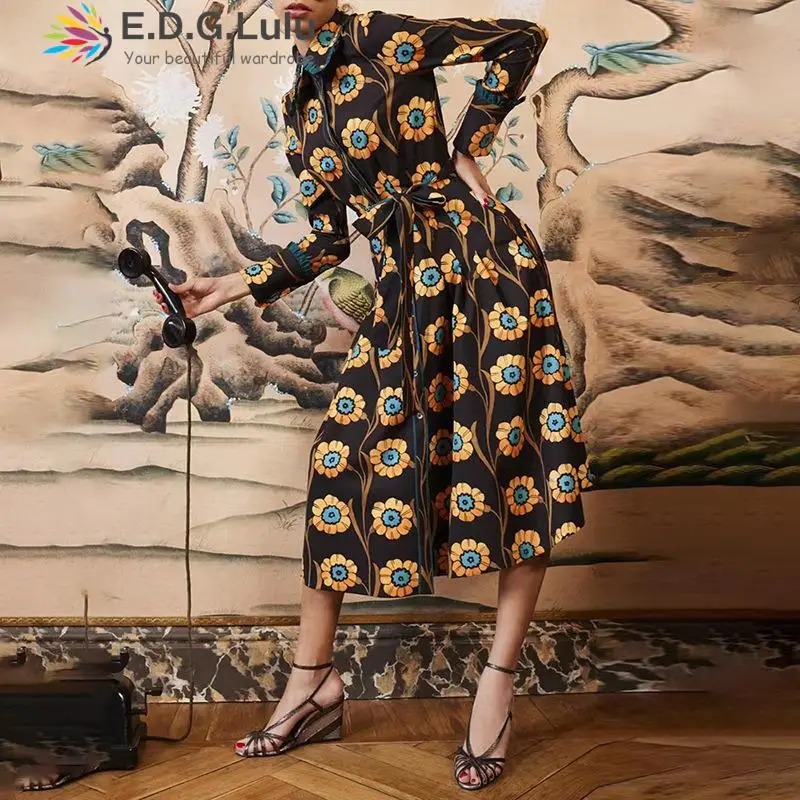 

EDGLuLu Осенняя Женская одежда с отложным воротником и длинным рукавом платье с принтом повседневное элегантное свободное Цветочное платье на шнуровке 0916