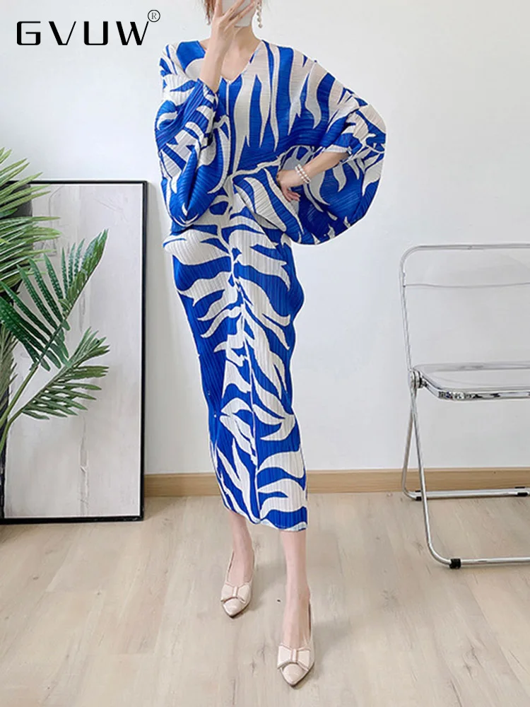 

GVUW Pleated Batwing V-neck Midi Dress Women Loose Long Sleeve Color Block 2023 Summer Female Elegant Festival Clothing 17D1596