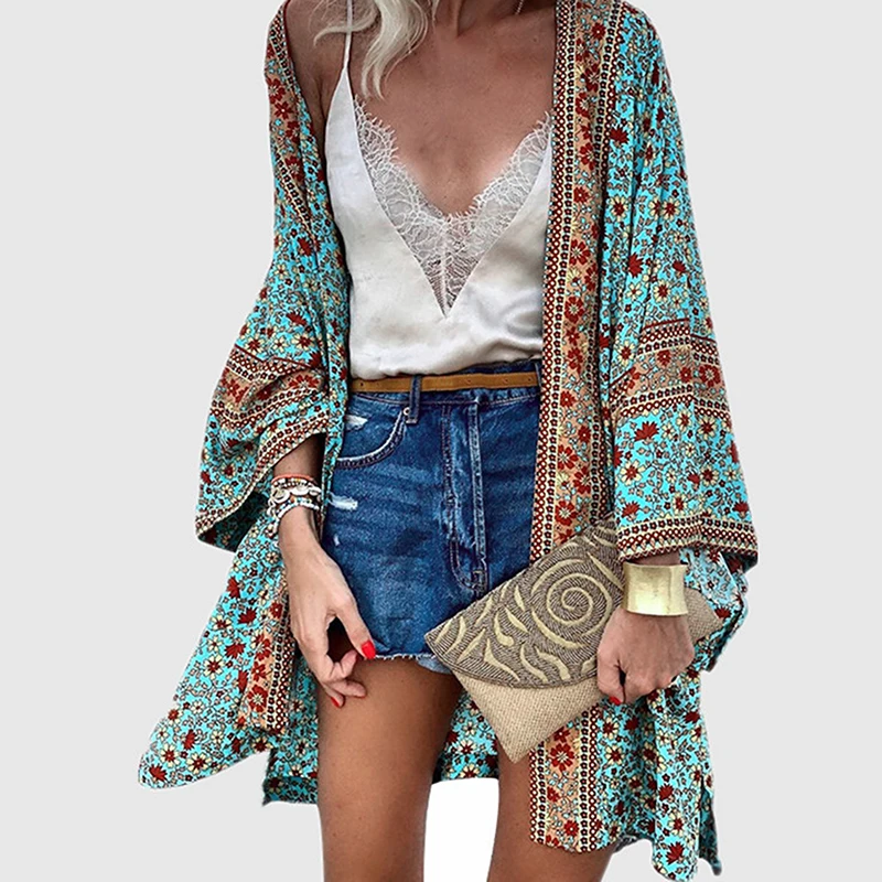 

Bohemian Swimsuit Cover Up Women Floral Print Sunscreen Shirts Thin Anti-UV Cardigan Coat Women Bikini Cover Up