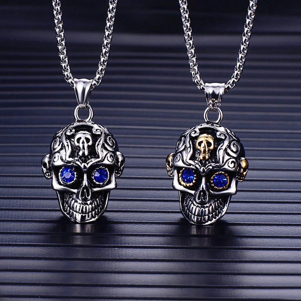 

Vintage Men's Double Eyes Blue CZ Skull Pendant Punk Stainless Steel Skull Pendant Necklace Male Charm Jewelry