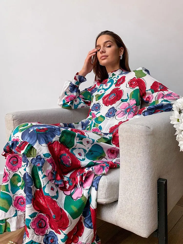 

Summer Floral Printed Midi Dress For Women Elegant O-neck Pleated Ruffles Dresses Female 2022 Lady Party Beach Holiday Clothes