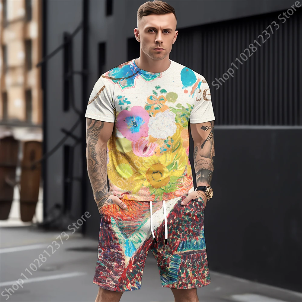 2023 Summer Tracksuit Men Casual Street T-shirt+Shorts Two Piece Set Men Fashion 3D Oil Painting Style Printing Clothes For Men