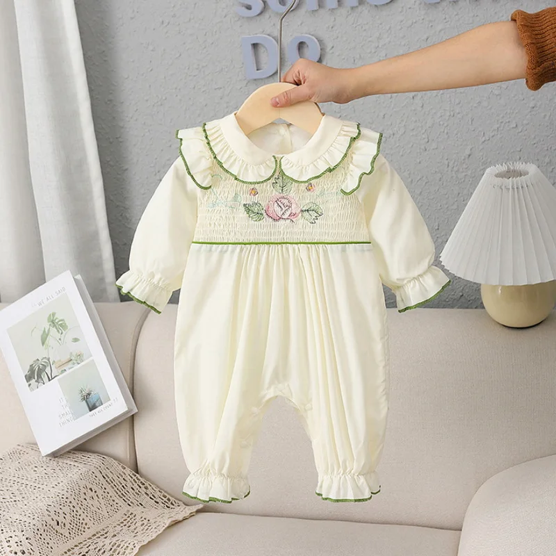 2022 Spring Family Matching Sister Clothes Long Sleeves Beige Lotus Romper+Princess Baby Dress Twins Cute Clothes Outfits E9189 images - 6