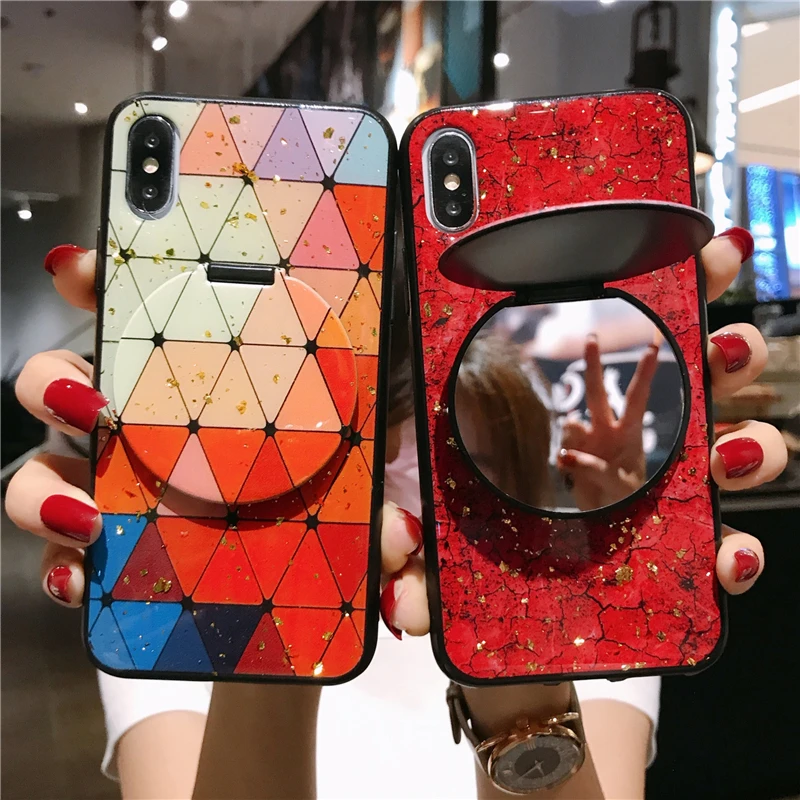 

Fashion Makeup Mirror Marble Silicone Case For OPPO A96 Reno 8 7 Z Lite F21 Pro Luxury Gold Foil phone holder Cover For OPPO A96