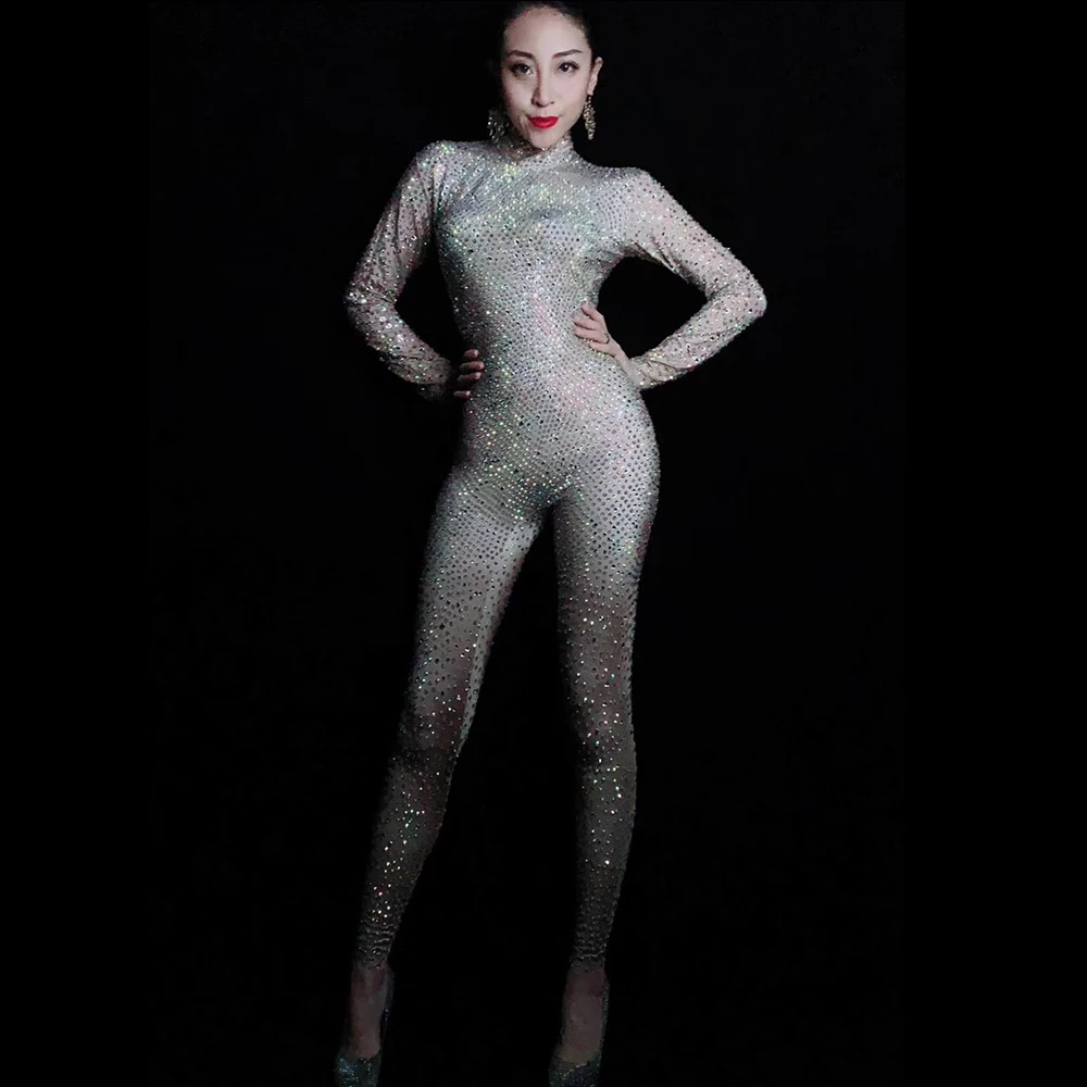 

Silver Shining Rhinestones Sexy Jumpsuits For Women Nightclub DJ Clothing Pole Dance Wear Stage Singer Costumes Party Leotard