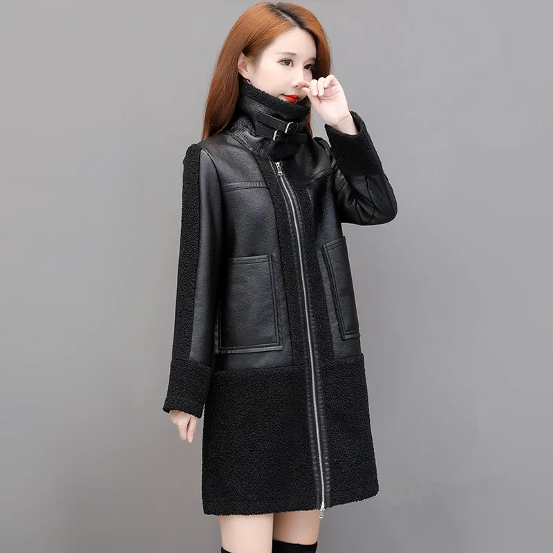 Leather Coat Winter Nice Fashion Thicken Keep warm Jacket Lambswool Sheepskin Suede Overcoat Mid-length Outerwear Female