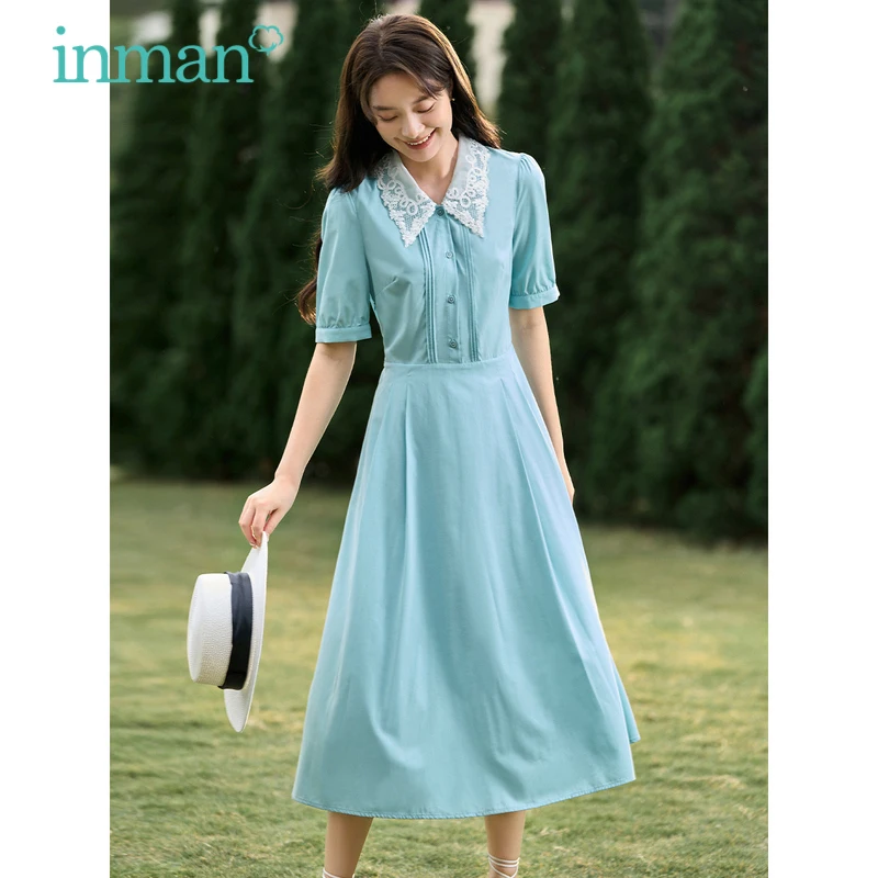 INMAN Women Dress 2023 Spring Puff Short Sleeve Lace Chelsea Collar A-shaped Adjustable Waistband Elegant Chic Mid-length Skirt