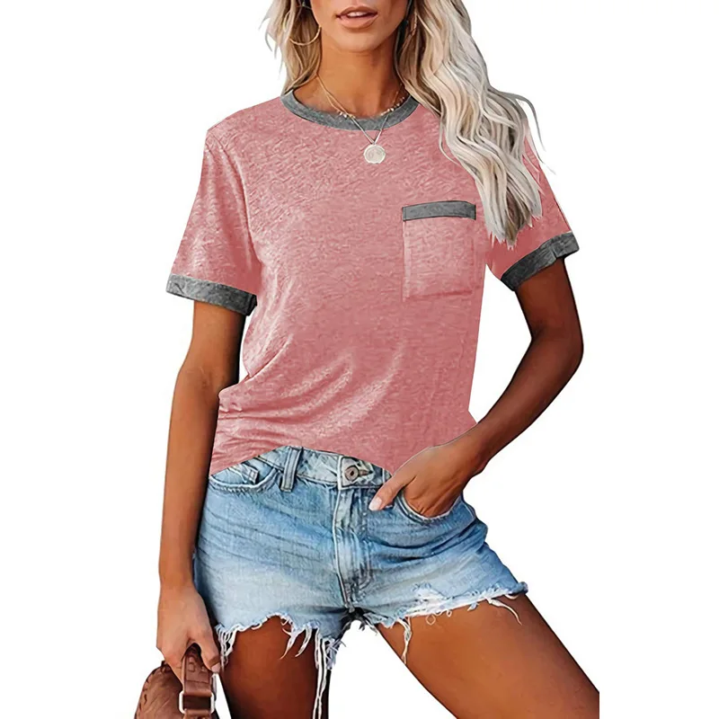

Clothing Summer Spring New Pocket Round Neck Women's Short-Sleeved T-shirt Women Patchwork Top Tee Tops