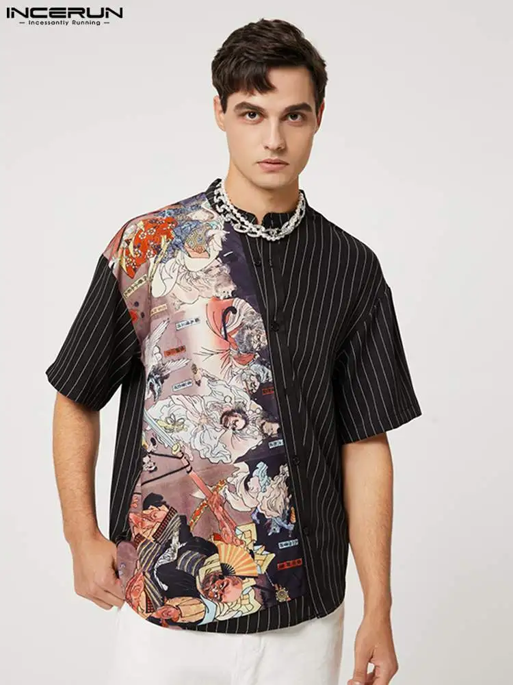 

Fashion Casual Men Tops INCERUN Slanted Placket Chinese-style Buttoned Shirts Short-sleeved Striped Stitching Blouse S-5XL 2022