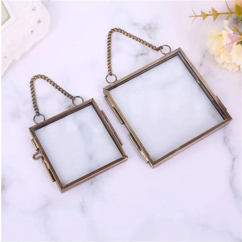 

Creative DIY Chain Retro Metal Photo Picture Frame High Translucent Glass Specimen Folder Flower Plant Mini Display Holder