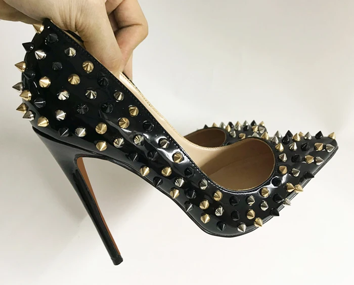 

2Black Shiny Women Full Punk Rivets Pointed Toe High Heels Sexy Ladies Spikes Stilettos Pumps Woman Club Party Shoes big size 44