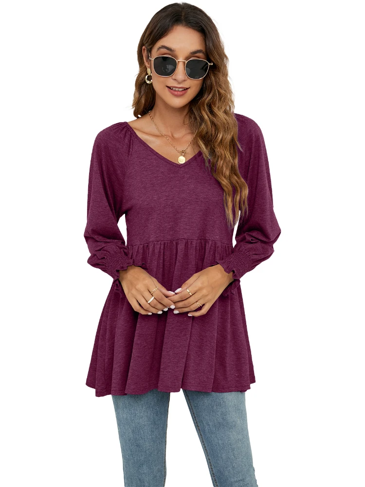 

European American Women Clothes 2023 Spring Autumn New In V-neck Casual Bubble Long-sleeved Tunic Pullover Tops T-shirt Women