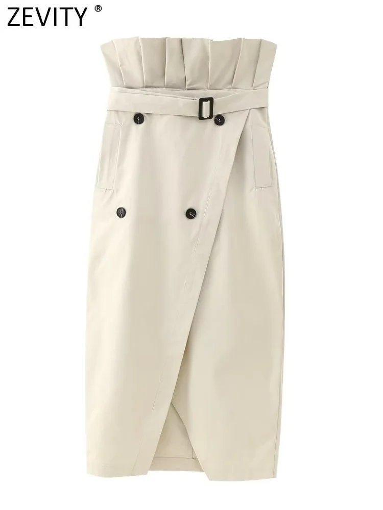 

Zevity Women Fashion Solid Pleated Ruffles Paper Bag Midi Skirt Faldas Mujer Female Chic Side Zipper Belt Slim Vestidos QUN3695