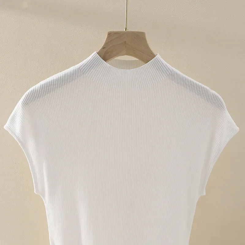 Шелковый вязаный топ с высоким воротником из пряжи универсальный белый
