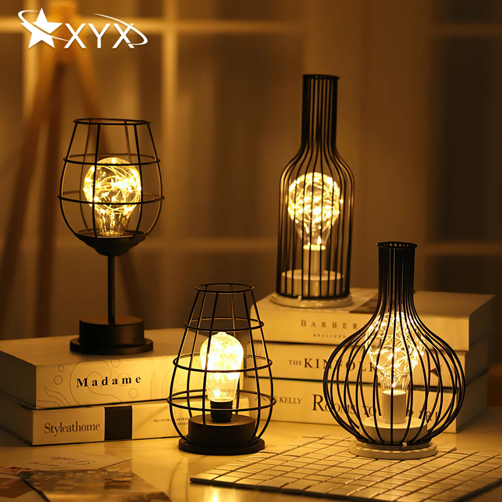 

Wine Glass Bottle LED Night Light Iron Hollow Out Night Lamp for Cafe Hotel Balcony Bedroom Bedside Home Decoration Table Lamp