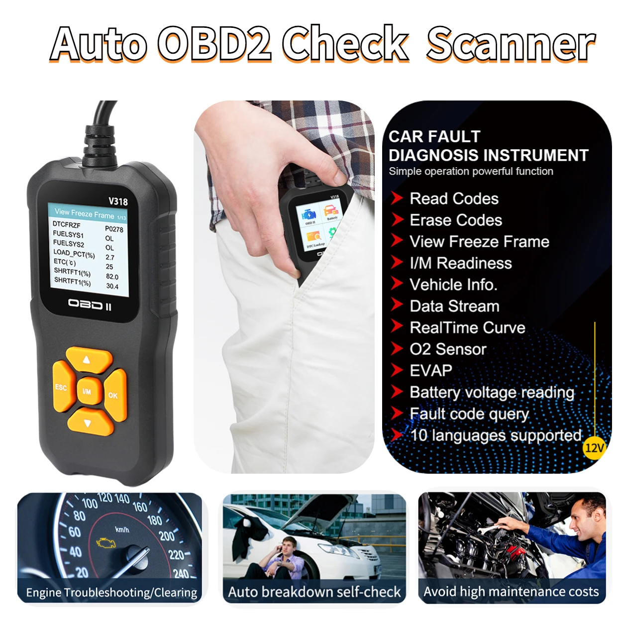 

OBD2 Scanner ABS Auto Check Scanner with Color Screen Auto Diagnostic Scan Tester Work Once Insert for Car Testing for Read Code