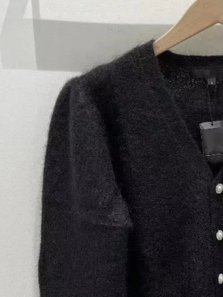 

Fallwinter Knit Pearl Buttons Sweater Women Vintage Black V Neck French Brand Office Ladies Elegant Cardigan Single Breasted Top