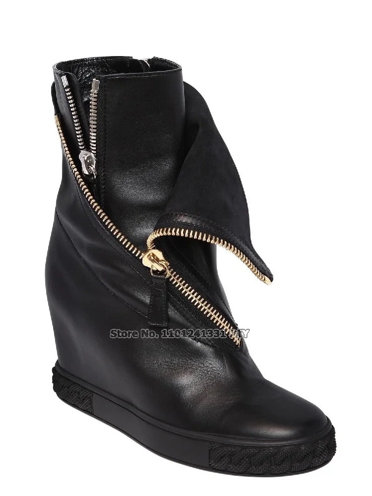 Height Increased Platform Wedge Heeled Short Boots Women Double Side Zippers Botas 8Cm High Heel Wedges