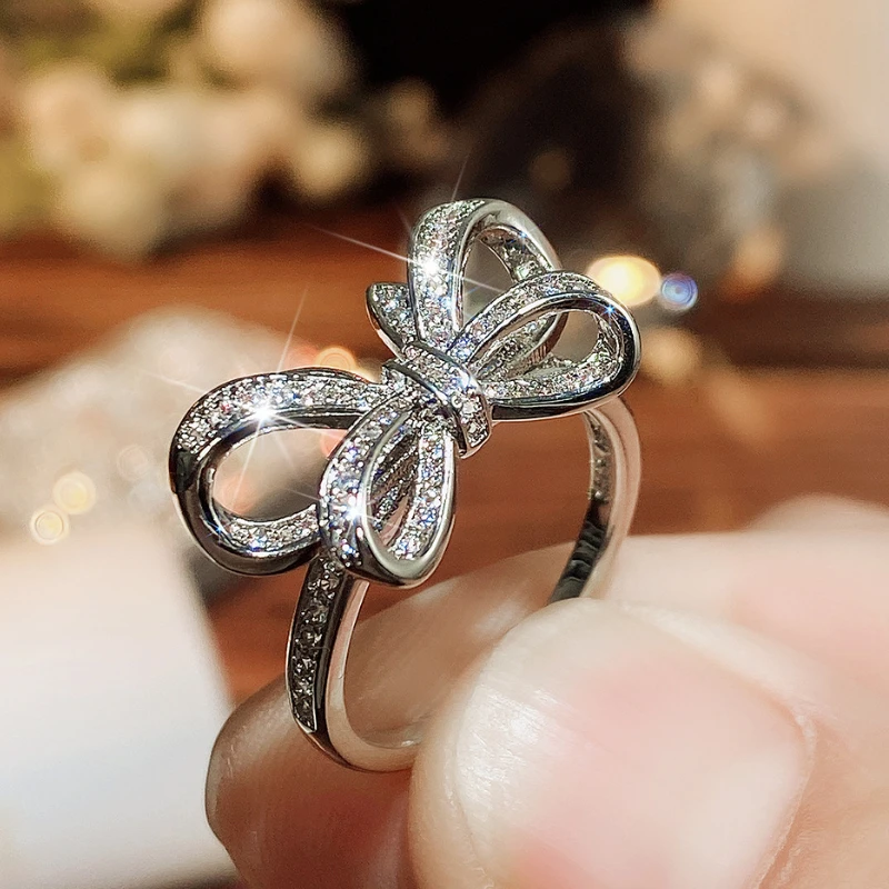 

Bling Bow Rings for Women Luxury Silver Color Fashion Finger Accessories Party Anniversary Gift Romantic Female Jewelry