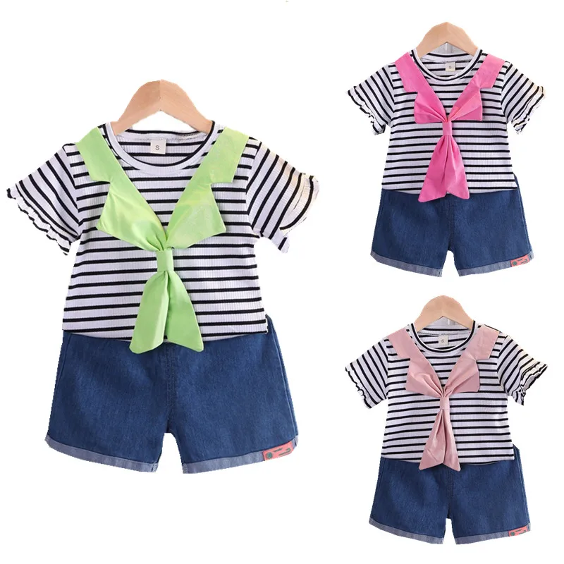 

Комплекты одежды для девочек, летние детские повседневные футболки с галстуком и шорты, спортивные костюмы из 2 предметов для малышей от 1 до...