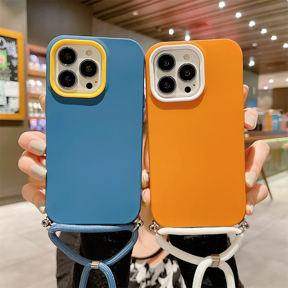 

Shockproof Protection Case for iPhone 13 12 11 Pro Max XR XS 7 8 Plus SE 2020 Plain Back Cover with Lanyard Soft Silicone Coque