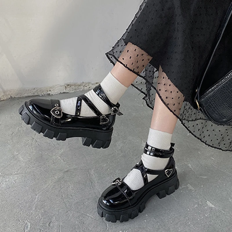 

Rimocy/Женские Туфли Мэри Джейн на платформе с пряжкой в форме сердца; Модные туфли Лолиты с перекрестными ремешками на массивном каблуке; Женс...