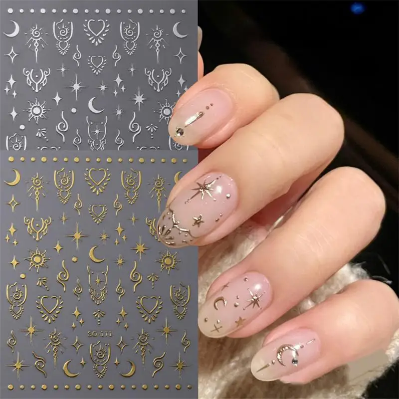 

2PCS Sun Moon Star Nail Decals Gold Plated Mirror Glitter Gold Silver Vintage Totem Sunset Nail Sticker Nail Decoration Nail Art