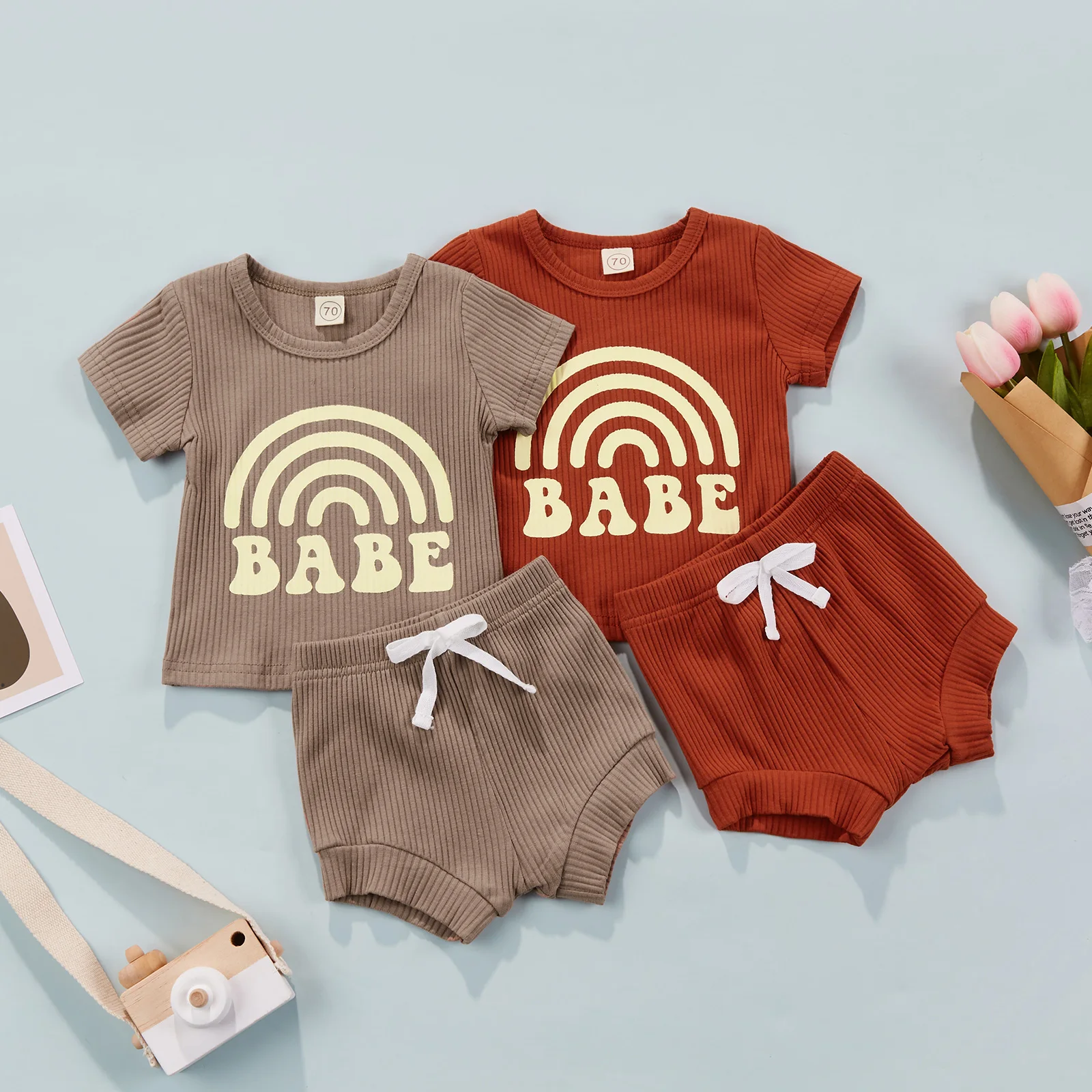 

Summer 2Pcs Baby Girls Boys Casual Short Outfits Short Sleeve Rainbow Letter Printed Top Elastic Waist Bow-Knot Decor Shorts Set