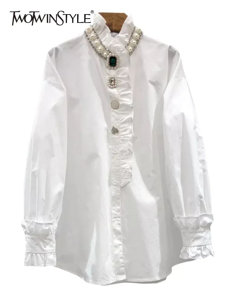 

TWOTWINSTYLE Straight Shirt For Women Lapel Long Sleeve Patchwork Pearl Blouses Female Clothing 2022 Korean Fashion Autumn Style