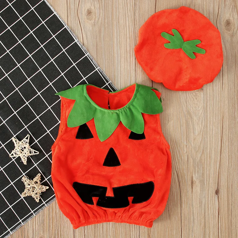 

0-3Y Infant Cosplay Halloween Toddler Baby Kid Pumpkin Print Sleeveless Romper Jumpsuits Tops+Hats Baby Costumes