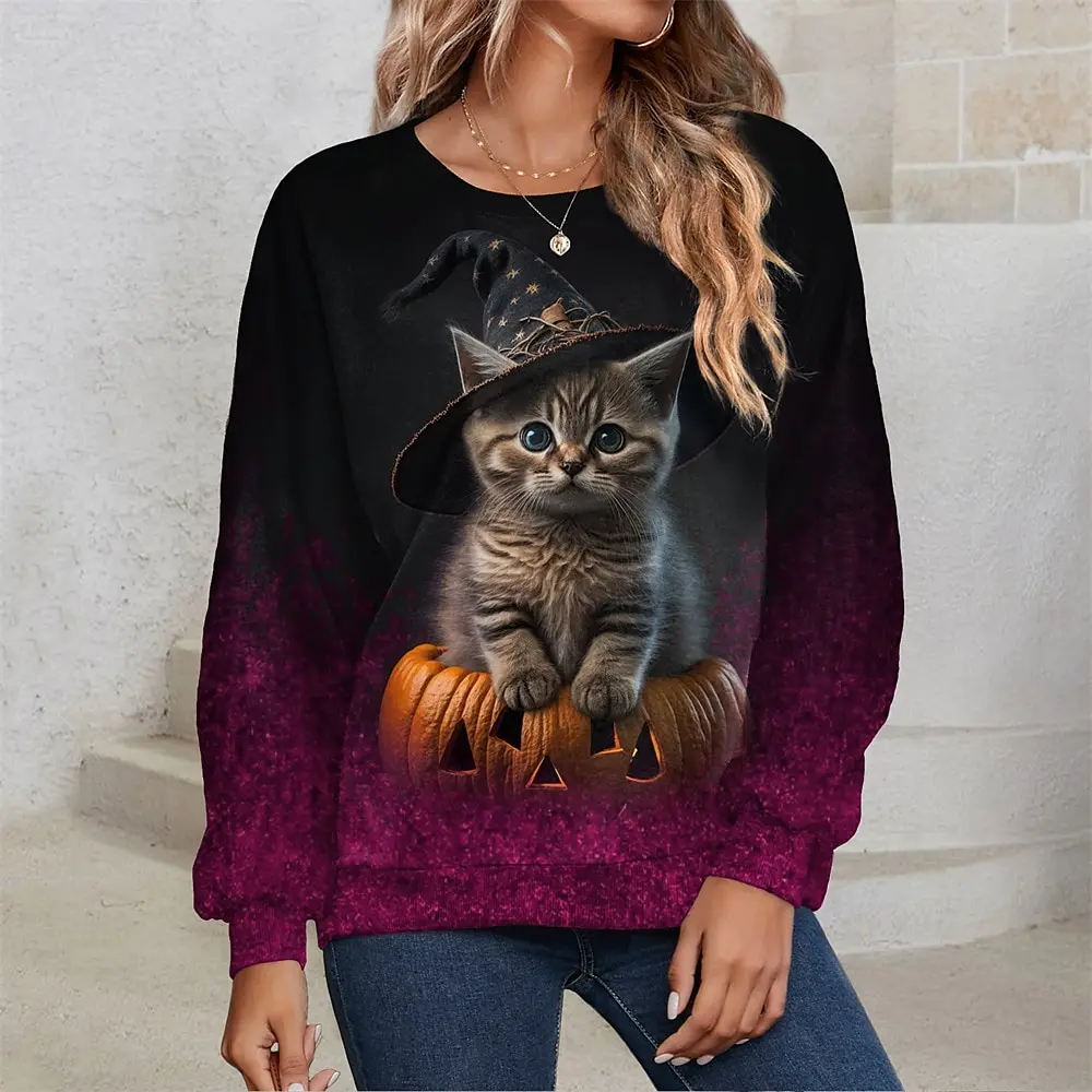 

Helloween Cat женская футболка с длинным рукавом для женщин одежда Повседневный праздничный топ модная спортивная одежда Харадзюку одежда на Хэллоуин
