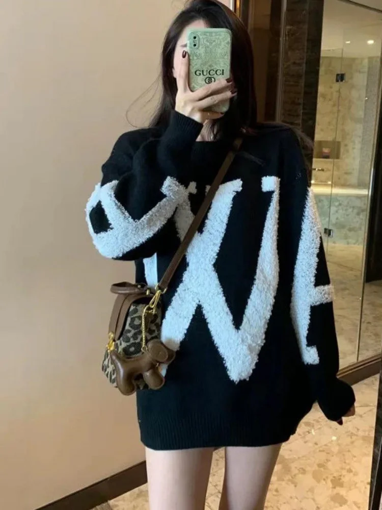 

Deeptown Korean Fashion Letter Oversized Sweaters Women Kpop Harajuku Knitted Loose Pullovers 2022 Autumn Winter Streetwear